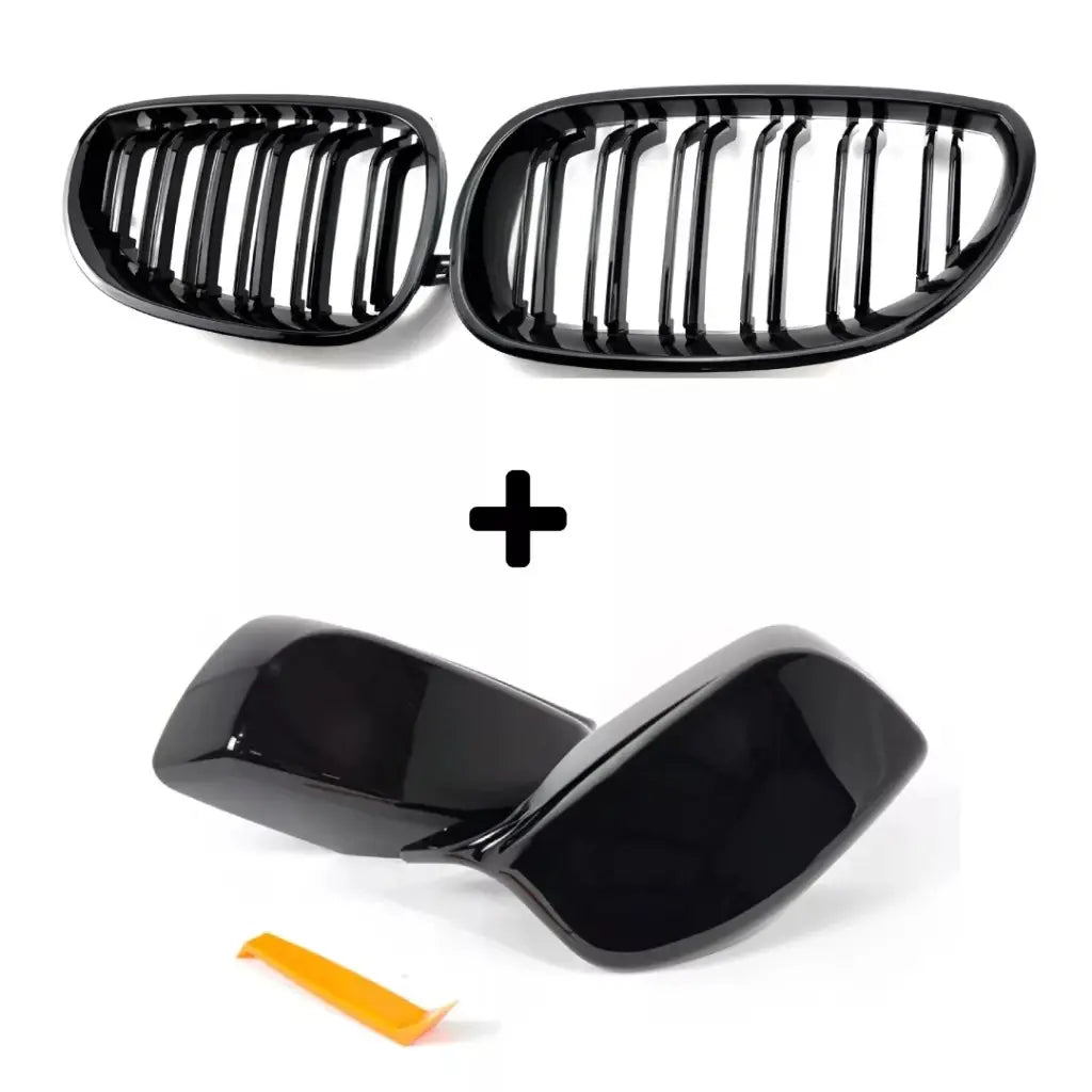 BMW E60 E61 dvigubos grotelės + veidrodėlių dangteliai, juodi