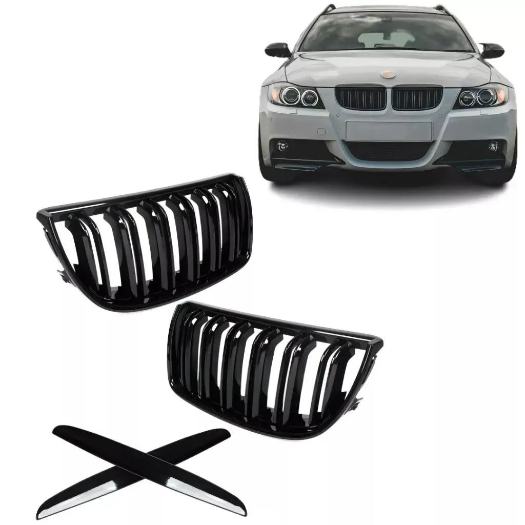 BMW E90 E91 dvigubos grotelės PRE LCI (05-08), blizgios juodos