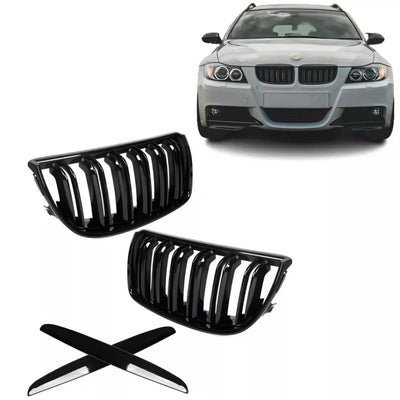 BMW E90 E91 dvigubos grotelės PRE LCI (05-08), blizgios juodos