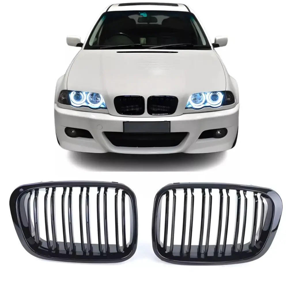 BMW E46 dvigubos grotelės PRE LCI (97-01), blizgios juodos