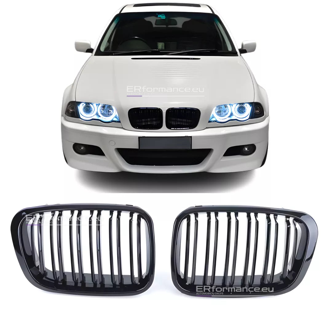 BMW E46 dvigubos grotelės PRE LCI (97-01), blizgios juodos