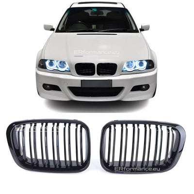 BMW E46 dvigubos grotelės PRE LCI (97-01), blizgios juodos