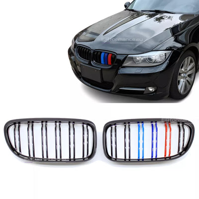 BMW E90 E91 LCI dvigubos M stiliaus grotelės, blizgios juodos