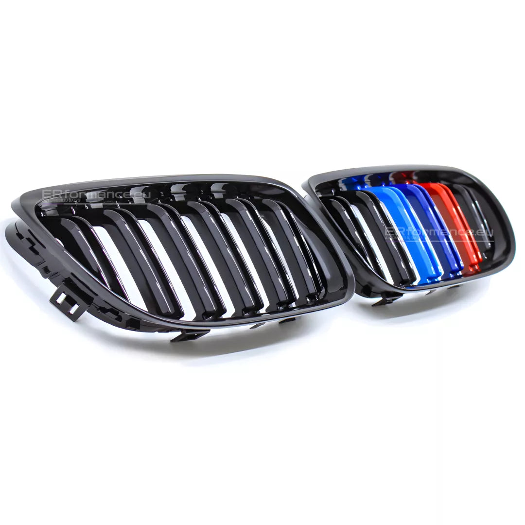 BMW E90 E91 LCI dvigubos M stiliaus grotelės, blizgios juodos