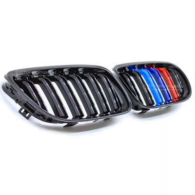 BMW E90 E91 LCI dvigubos M stiliaus grotelės, blizgios juodos