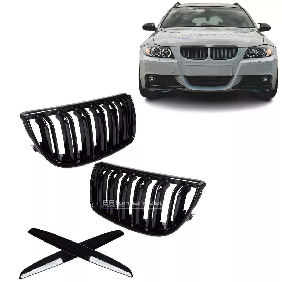 BMW E90 E91 dvigubos grotelės PRE LCI (05-08), blizgios juodos