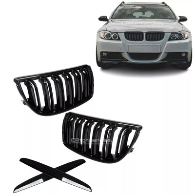 BMW E90 E91 dvigubos grotelės PRE LCI (05-08), blizgios juodos