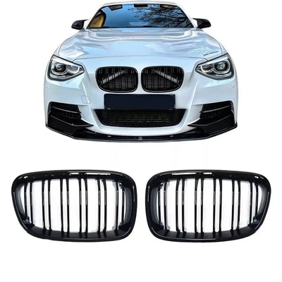 BMW F20 F21 Dvigubos grotelės PRE LCI (11-15), blizgios juodos