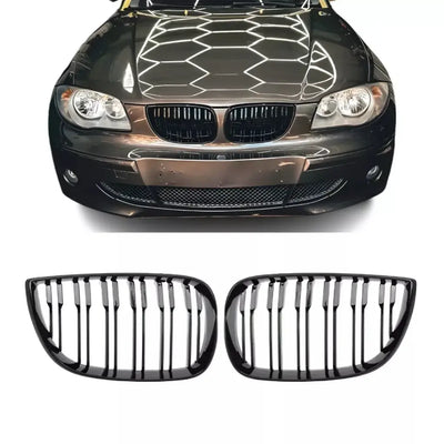 BMW E87 E88 E81 E82 dvigubos grotelės PRE LCI (04-07), blizgios juodos