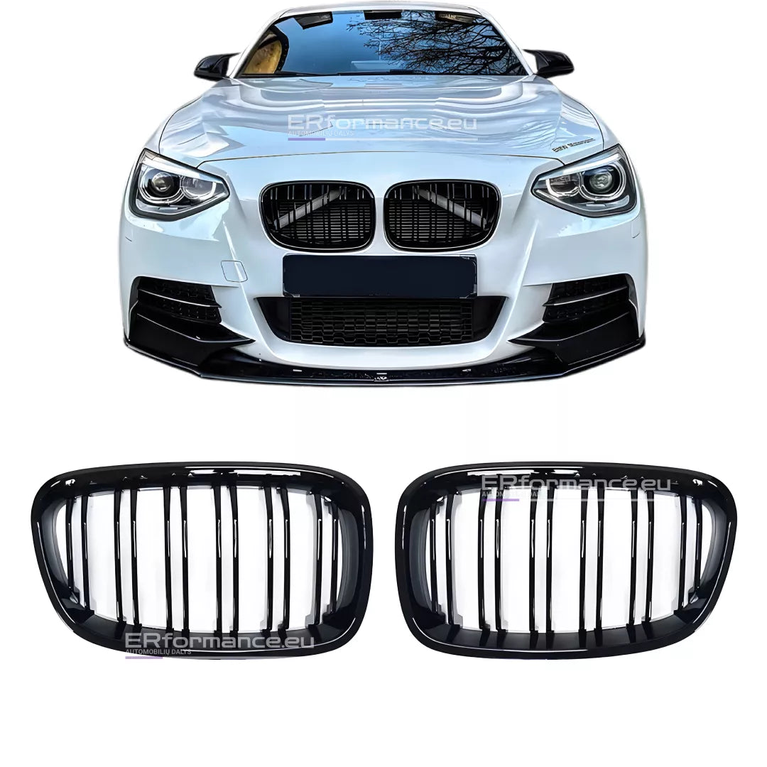 BMW F20 F21 Dvigubos grotelės PRE LCI (11-15), blizgios juodos