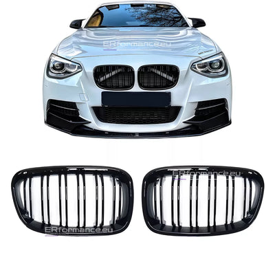 BMW F20 F21 Dvigubos grotelės PRE LCI (11-15), blizgios juodos