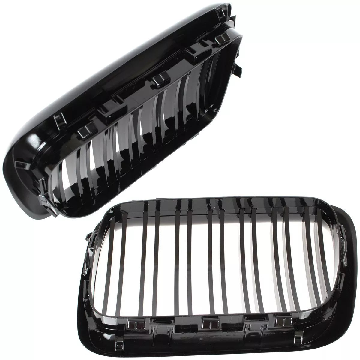 BMW 3 E36 96-00 grotelių tarp žibintų kairė ir dešinė komplektas JUODAS BLIZGIUS DVIGUBAS JUOSTELIS