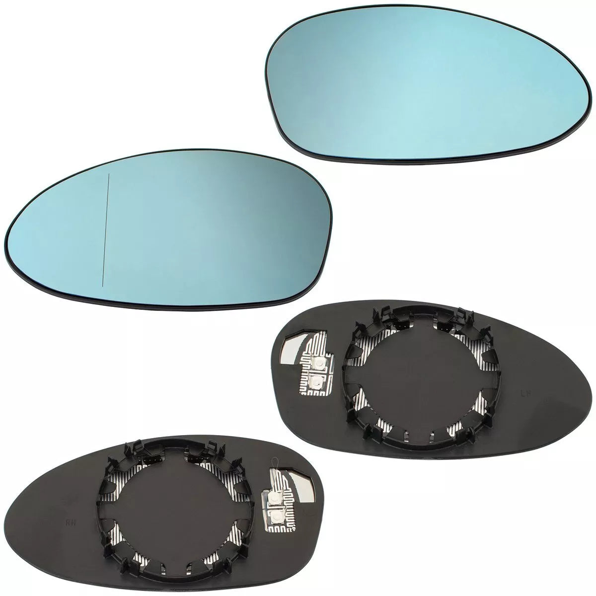 BMW 3 E46 Coupe / Cabrio 99-06 Šildomi mėlyni veidrodėlio įdėklai (kairė + dešinė), 2 vnt. komplektas