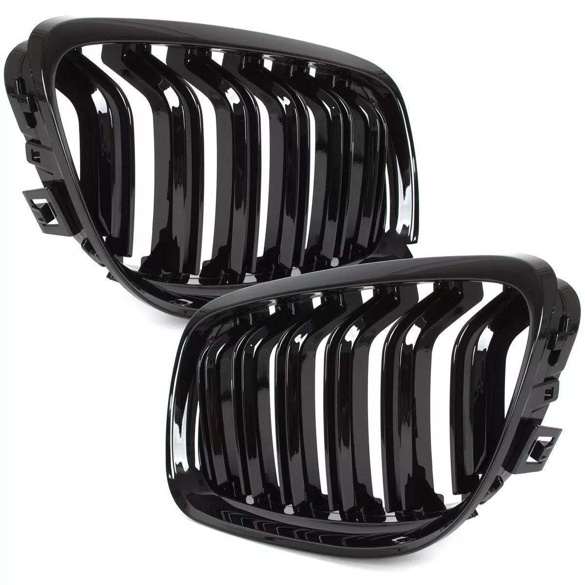 BMW 3 E90 / E91 09-13 SEDANAS / UNIVERSALAS grotelių tarp žibintų kairė ir dešinė komplektas JUODOS BLIZGIOS DVIGUBOS JUOSTELĖS
