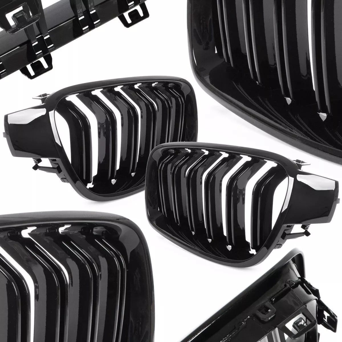 BMW 3 F30 / F31 11-15 SEDANAS / KOMBI grotelės tarp žibintų kairėje ir dešinėje komplekte JUODOS BLIZGIOS DVIGUBOS JUOSTO