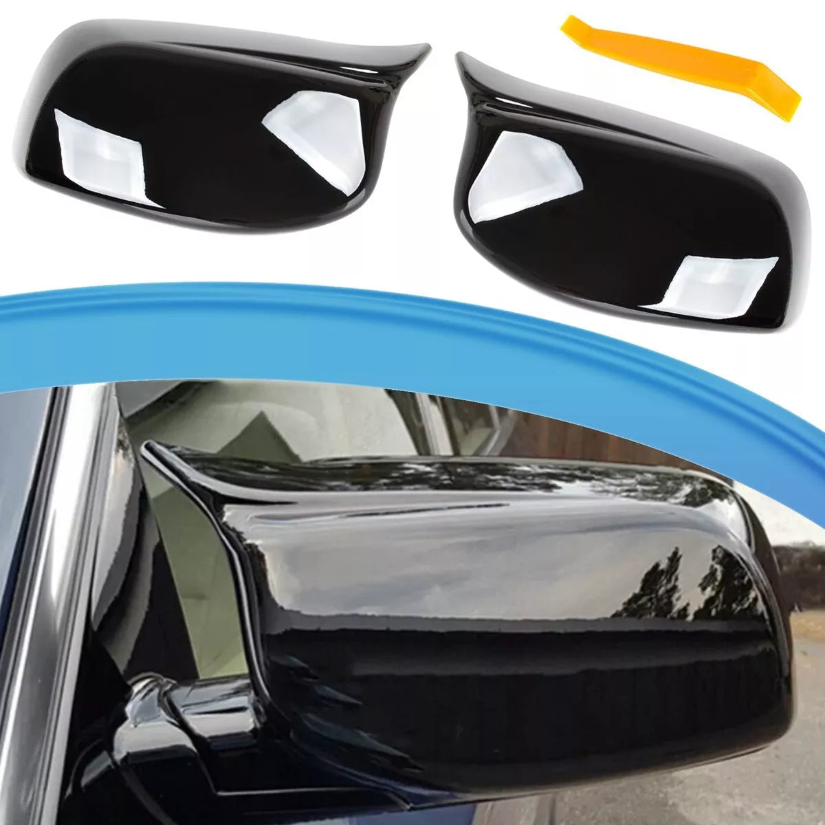 BMW 5 E60 E61 03-08 BLIZGIUS JUODAS VEIDRODĖLIO DANGTELIS (KAIRĖ + DIENA), 2 vnt. RINKINYS