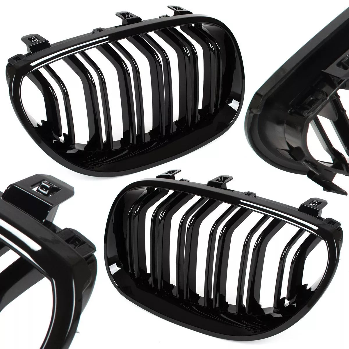 BMW 5 E60 / E61 03-10 grotelių tarp žibintų komplektas kairėje ir dešinėje juodos blizgios dvigubos juostos su lenktais briaunomis