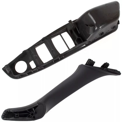 BMW 5 F10 F11 09-17 JUODA vidinė rankenėlė priekinėms kairėms durims su 1 skylute + JUODA ODINĖ vidinė rankenėlė priekinėms dešinėms durims, 2 vnt. komplektas