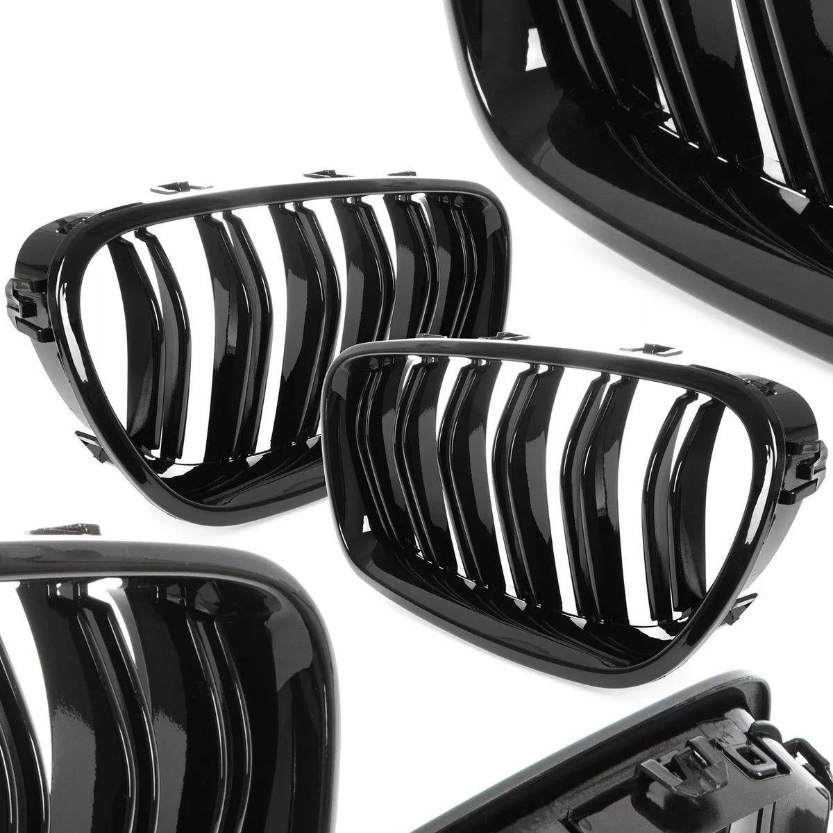 BMW 5 F10 / F11 10-17 grotelių tarp žibintų komplektas kairėje + dešinėje juodos blizgios dvigubos juostos