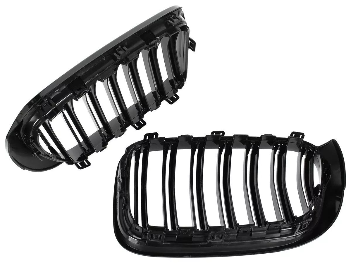 BMW X3 F25 14-17 grotelių tarp žibintų kairė ir dešinė komplektas JUODAS BLIZGIUS DVIGUBAS JUOSTELIS